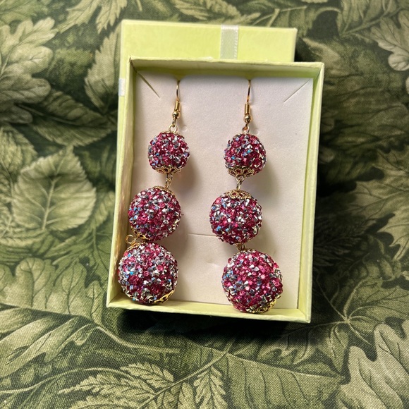 5230-PTT Boho SILVER/PINK CRYSTAL trim gold textured Balls Dangle Stud Earrings - Picture 7 of 9